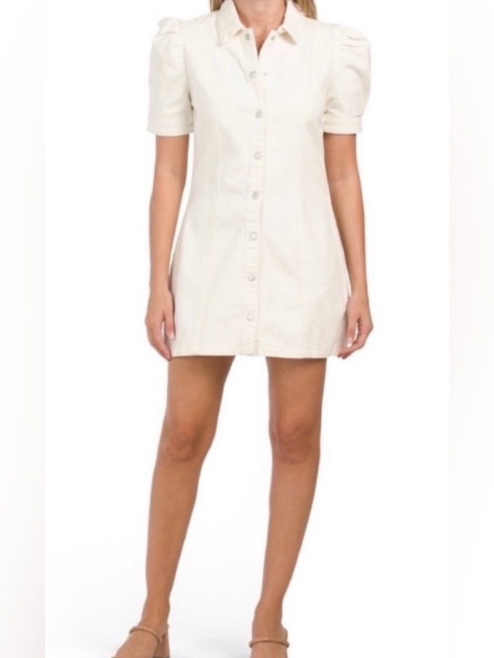 Blank NYC Ivory Button-Front Denim Dress with Puff Sleeves